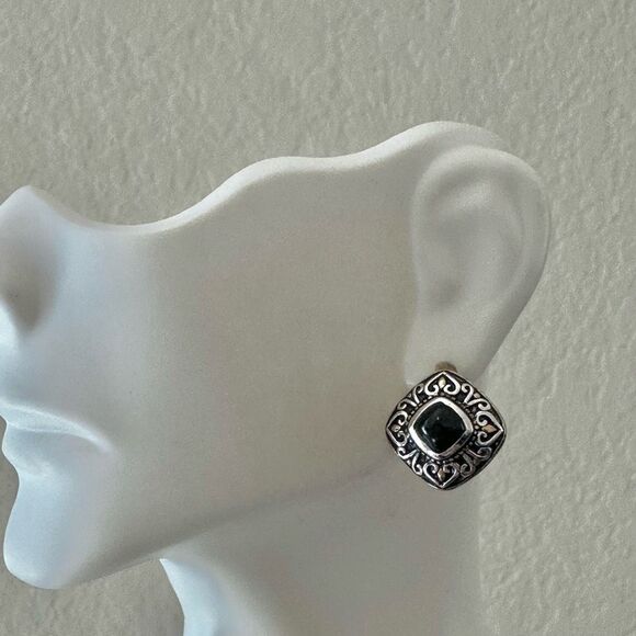 Sterling Silver Earrings with Black Onyx, Rhodium & 18k  Gold Accents - Picture 2 of 10